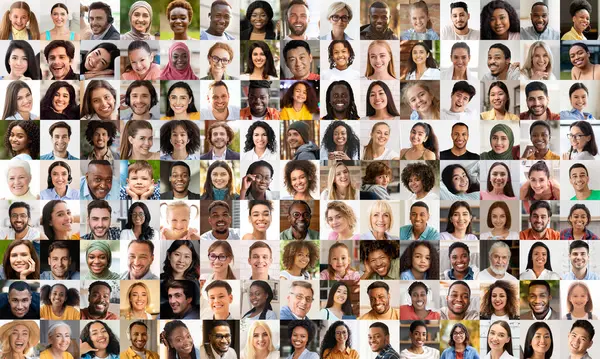 Portrait Collage Showcasing Diverse Group People Smiling Faces Emphasize Diversity — Stock Photo, Image
