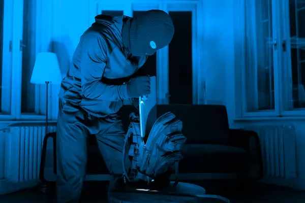 Dim Apartment Night Thief Clad Dark Clothing Digs Backpack Creating — Stock Photo, Image