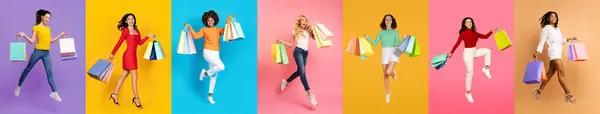 Diverse Frauen Mit Einkaufstüten Springen Freudig Vor Lebendigen Kulissen Kreative Stockfoto