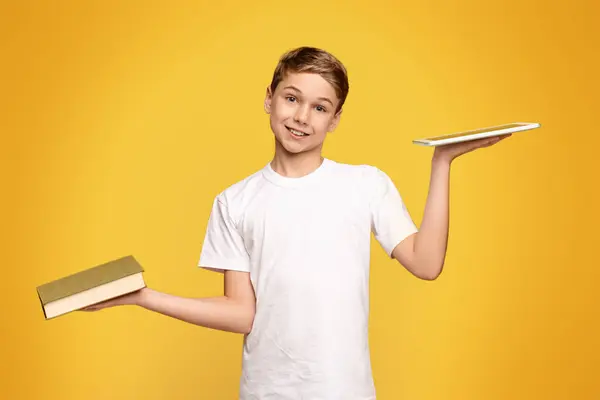 Young Boy Standing Holding Book One Hand Tray Other — Stock Photo, Image