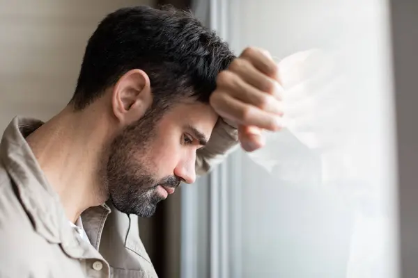 Man Beard Appears Pensive Rests His Forehead His Hand While — Stock Photo, Image
