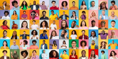 Bu canlı mozaik, farklı bir grup insanın parlak arkaplanlara karşı ifade ettiği bir dizi duyguyu gözler önüne seriyor.