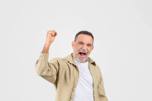 Senior Man Standing His Fist Raised Gesture Defiance Protest Appears — Stock Photo, Image