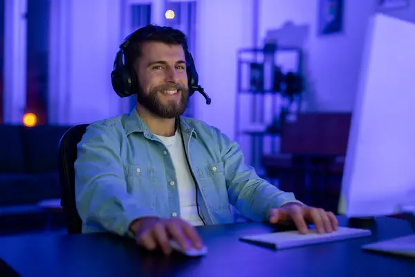 Content Millennial Guy Welcoming Smile Engaging Gaming His Home Setup — Stock Photo, Image