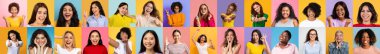 Farklı etnik kökenlerden gelen gülümseyen kadınları renkli arka planlara karşı gösteren uzun bir afiş.