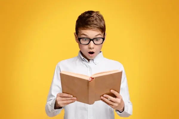 Мальчик Очках Погруженный Чтение Книги — стоковое фото