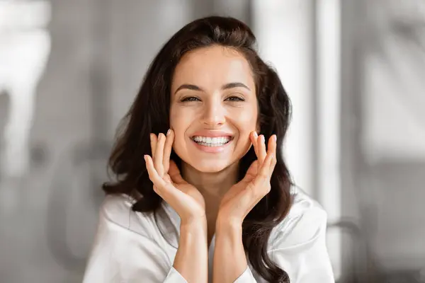 Happy Beautiful Woman Pampering Her Skin Bathroom Focusing Skin Care — Stock Photo, Image