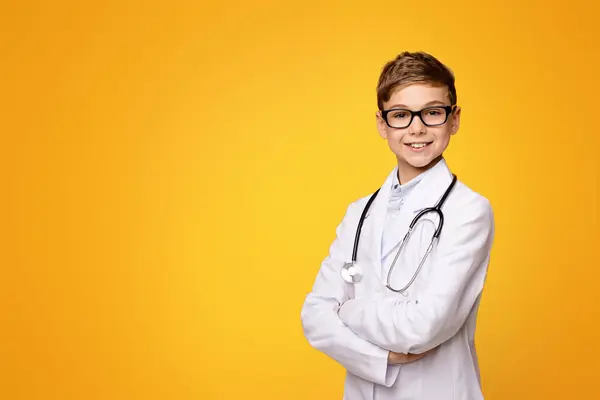 Young Boy Wearing White Lab Coat Glasses Stands Confidently Showcasing — Stock Photo, Image