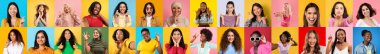 Çok ırklı kadınlardan oluşan bir mozaik, renkli arka planda geniş bir insan ifadeleri yelpazesi çiziyor