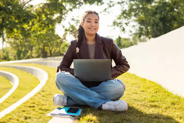 Girl Student Seated Ground Working Laptop She Appears Focused Engaged Stock Picture