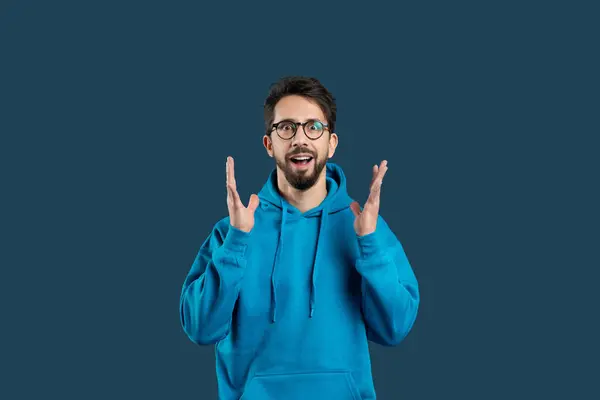 Man Wearing Blue Hoodie Seen Gesturing His Hand Photograph Gesture Stock Photo