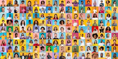 This colorful collage features a global diversity of multiracial, multiethnic, and international smiling people embodying unity clipart