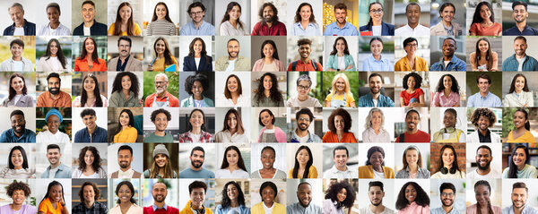 Этот динамичный портретный коллаж представляет собой лоскутное полотно с радостными лицами людей, прославляющее культурное разнообразие и связь.