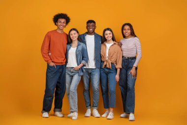 Çok ırklı ve çok ırklı bir birlik sergileyen neşeli uluslararası bir arkadaş ekibi, turuncu renkli canlı bir arka planda izole edilmiş.