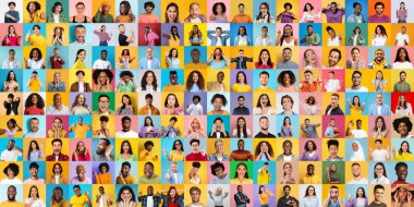 Çeşitli çok ırklı, çok ırklı ve uluslu insanların neşeli bir şekilde sergilenmesi, canlı renklerden oluşan bir zemin oluşturur.