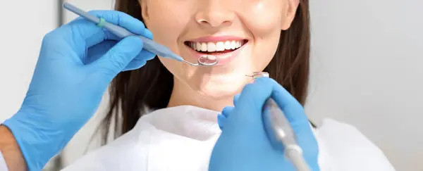 Teeth Health Concept Cropped Photo Smiling Woman Mouth Treatment Dental Stockbild
