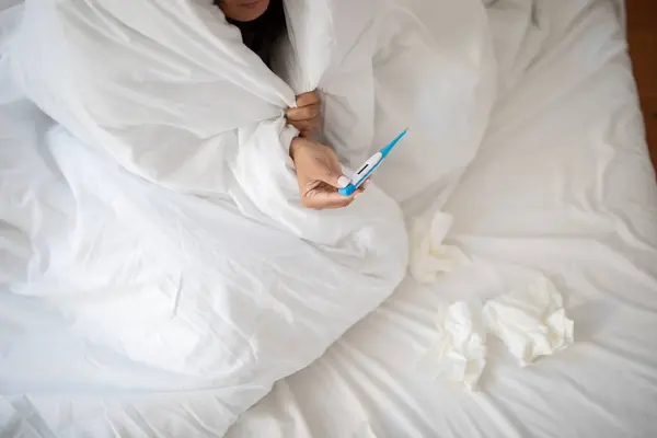 Cropped Woman Appears Sick Tucked White Blanket Holding Thermometer Check — Stock Photo, Image