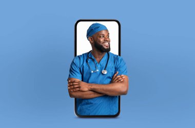 African American doctor is seen on a phone screen, engaging in a video call or providing telemedicine services. The digital consultation is helping a patient remotely. clipart