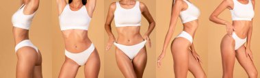 Beyaz iç çamaşırlı genç bir kadın bej arka planda farklı pozlarda poz veriyor. Fotoğraflar kesilmiş bir fotoşopun parçası gibi görünüyor.