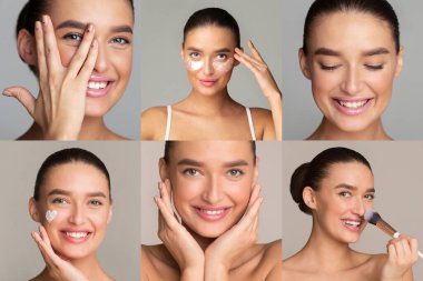 Bu resim genç bir kadının yüzüne farklı cilt bakımı ve makyaj ürünleri uyguladığını gösteriyor. Resim altı bölüme ayrılır, her biri süreçte farklı bir adım gösterir.