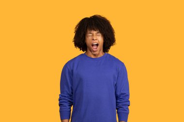 Bu görüntüde koyu kıvırcık saçlı, mavi uzun kollu gömlek giyen, koyu sarı arka planda duran bir adam var. Ağzı açık ve gözleri kapalı esniyor..