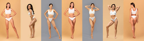Multiracial young women posing in underwear over studio background, demonstrating well-fit stunning bodies, panorama, collage
