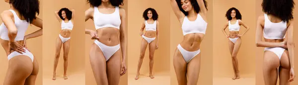 stock image African American woman in white lingerie posing with different facial expressions and body language against a beige background.