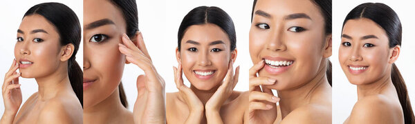 Коллаж красивой корейской женщины в различных позах на белом фоне, демонстрируя естественную красоту и кожу.