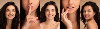 Değişik pozlarda güzel bir Hintli kadının kolajı bej arka planda, doğal güzellik ve cilt bakımı sergiliyor..