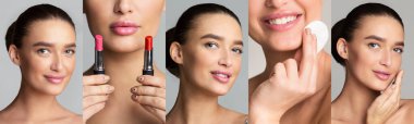 Cilt bakım ürünleri ve makyaj ürünleri kullanan çekici genç kadın kolajı, stüdyo arka planında güzellik gösterileri