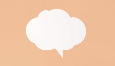 Beyaz kağıt konuşma balonu şeftali arka planda oturur. Baloncuk bulut şeklinde ve aşağıya bakan tek bir kuyruğu var. Çeşitli amaçlar için kullanılabilecek basit ve temiz bir görüntü.