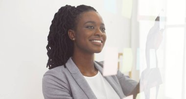 Siyahi kadın CEO cam duvarda renkli yapışkan notlarla beyin fırtınası yapıyor, fikirler planlıyor ve düzenliyor, panorama