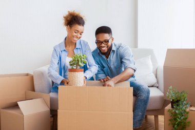 Afro-Amerikalı çift taşınma kutusunda paketleme yapıyor. Evdeki koltukta oturmaya hazırlanıyorlar. Seçici Odaklanma