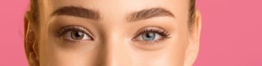 Bir kadının gözlerinin yakın plan portresi, doğal görünümlü kahverengi kaşlar ve mavi lensli sağ göz. Görüntü yumuşak pembe bir arkaplana göre ayarlanmış, panorama