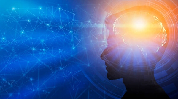 Гений Миндсет. Мужской портрет с иллюстрированным мозгом, имеющим просветительский момент Эврика на синем фоне. Панорама, Коллаж, Свободное пространство
