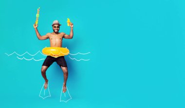 Yaz tatili kavramı. Mutlu Afro-Amerikan mayo giyen ve şişme yüzüklü adam suda yüzer gibi su tabancalarıyla zıplıyor, dalgalar ve paletler çiziyor, uzay kopyalıyor.