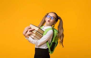 Okula gidiyorum. Stüdyoda sarı arka plan üzerine kitap taşıyan inek öğrenci şaşırdı. Metin için Boşluk
