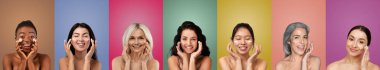 Farklı yaşlarda yedi farklı etnik kadın renkli arka planların önünde duruyor. Yüzlerine yüz temizleyici sürerken her kadın gülümser. Kadınlar mutlu ve kendinden emin görünüyorlar.