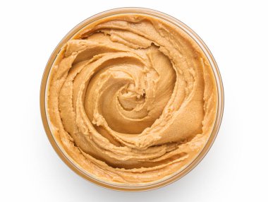 Beyaz arka plan üzerinde izole fıstık ezmesi Kase, üst görünümü