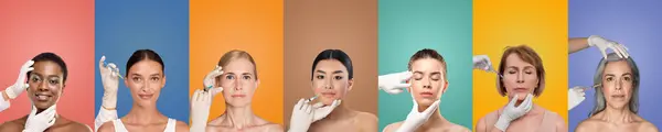stock image Seven multiethnic women of different ages shown receiving facial injections in a studio setting. Each woman is positioned in front of a colorful background
