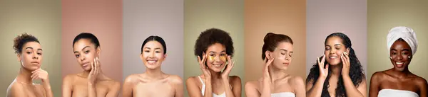 stock image This image features six multiethnic women applying various skincare products, including eye masks and moisturizers, as part of their daily skincare routines. They are all smiling and looking relaxed