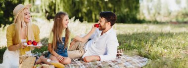 Mutlu aile parkta dinlenirken, piknikte meyve yiyor ve eğleniyor