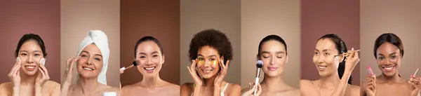 stock image Five diverse women are shown in a studio setting applying makeup and skincare products. They are all smiling and appear to be enjoying the process.