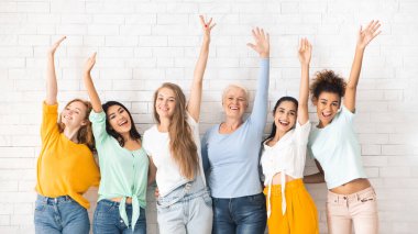 Kadın Eşitliği. Beyaz tuğla duvarın arkasında el sallayan çok ırklı bayanlar ve kızlar..