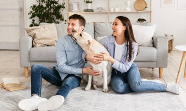 Samimi Duygular. Genç, sevgi dolu bir aile köpekle oynuyor yerde oturuyor, Labrador sahibinin yüzünü kokluyor.
