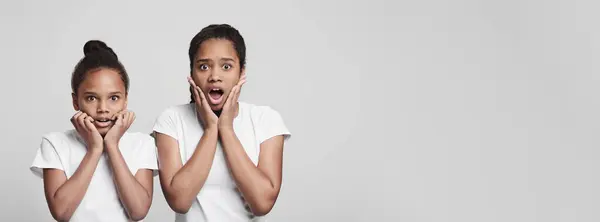 stock image Shocked emotional black girls touching cheeks on grey background