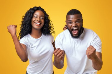 Her ikisi de beyaz tişört giyen genç bir kadın ve erkek ortak başarımızı kutlamak için yumruklarını havaya kaldırdı..