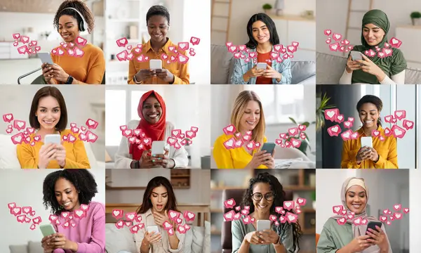 stock image A diverse group of women are shown using their smartphones while receiving likes. The women are all smiling and happy, and the likes are represented by pink hearts.