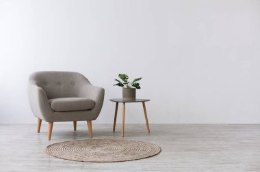 Modern iç mimari tasarımı, boş model duvarları, gri mobilyaları, tavan arası ve klasik oturma odası. Koltuk, yeşil tencereli masa, yerde yuvarlak halı, beyaz duvar arkaplanı