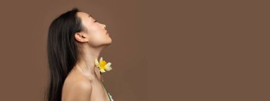 Kahverengi arka planda nergis çiçeğiyle poz veren Koreli bir kadının profil fotoğrafı, pürüzsüz ciltli, kenar manzaralı çekici bir kadın. Spa ya da kozmetik reklamları için pankart, kopyalama alanı